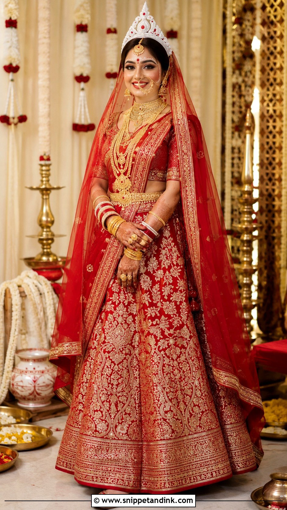 Red Bengali Bridal Lehenga Look - Snippet and Ink - 20 Bengali Bride Wedding Look Ideas