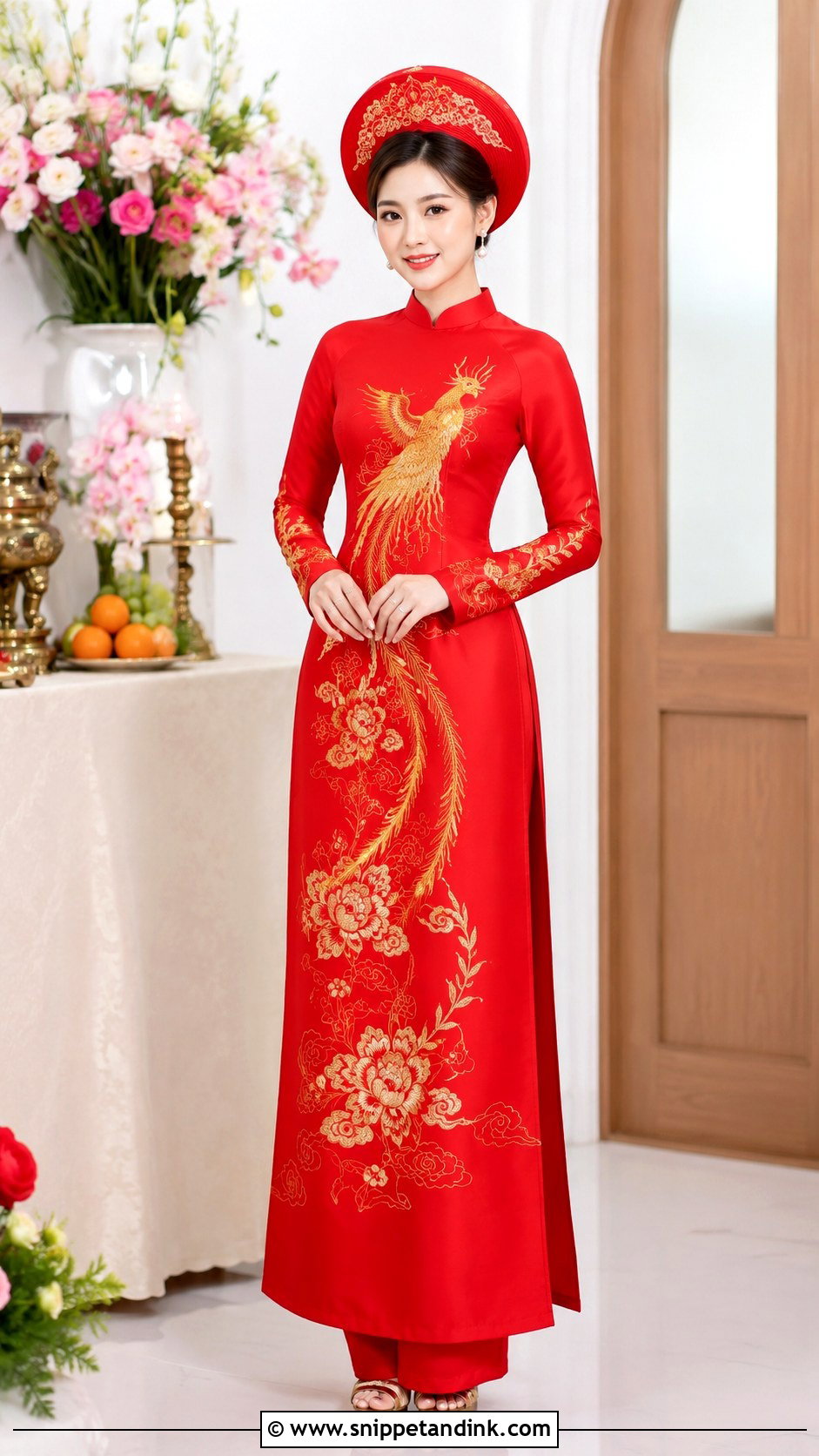 Red Bridal Ao Dai With Gold Embroidery - Snippet and Ink - 25 Wedding Ao Dai Ideas