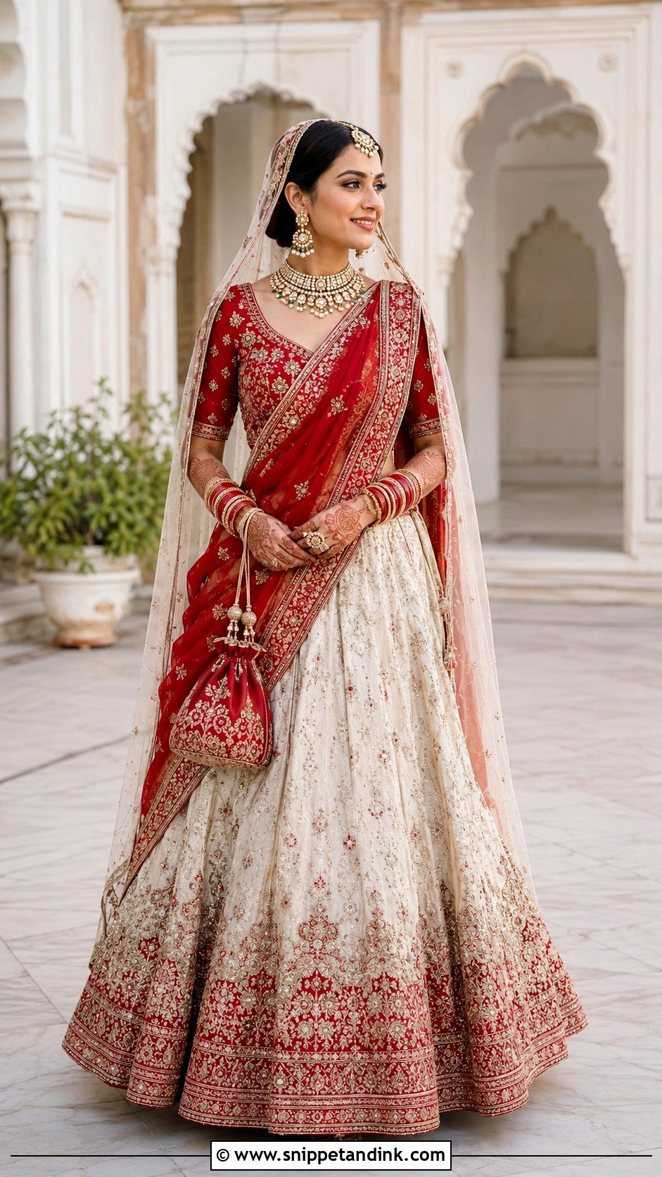 Red Bridal Blouse With Ivory Lehenga - Snippet and Ink - 20 Red Bridal Blouse Ideas