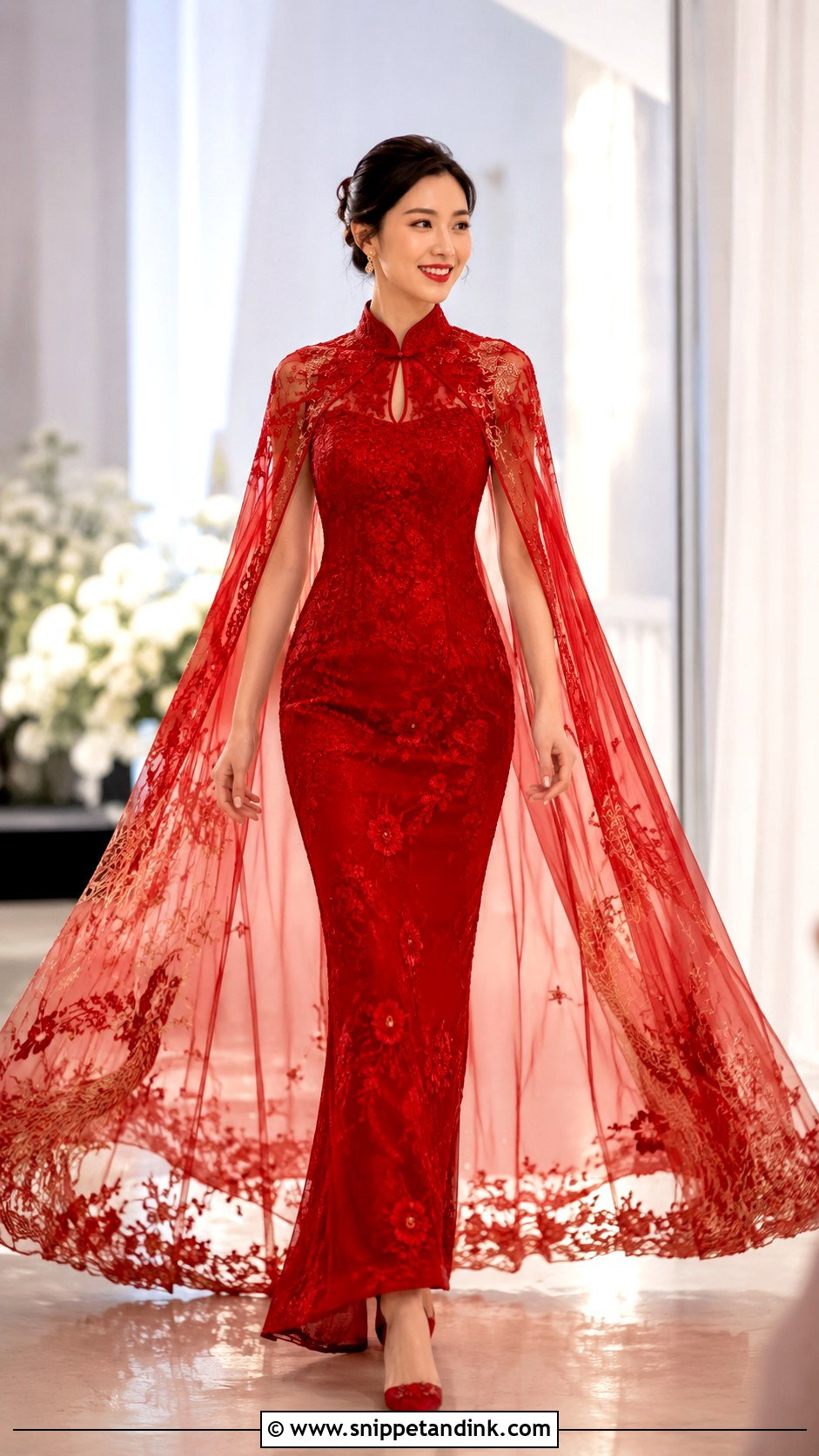 Red Bridal Cape Qipao Wedding Dress - Snippet and Ink - 25 Traditional Chinese Wedding Dress Ideas