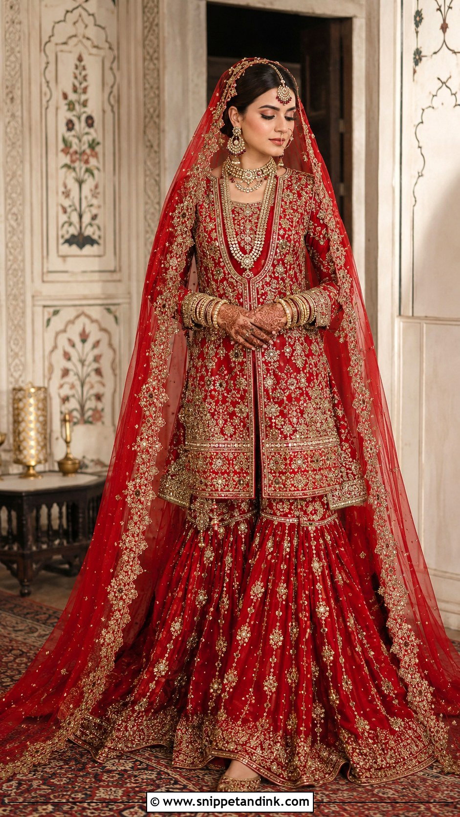 Red Bridal Farshi Gharara With Dupatta - Snippet and Ink - 25 Pakistani Red Bridal Dress Ideas