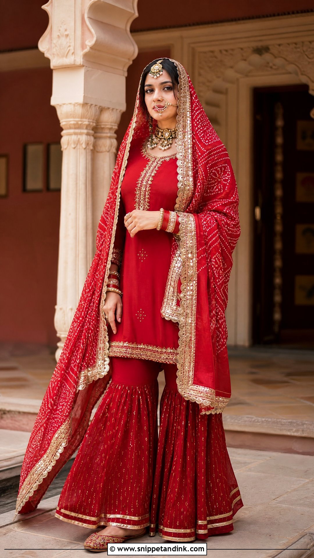 Red Bridal Gharara With Bandhani Dupatta - Snippet and Ink - 20 Red Bridal Gharara Ideas