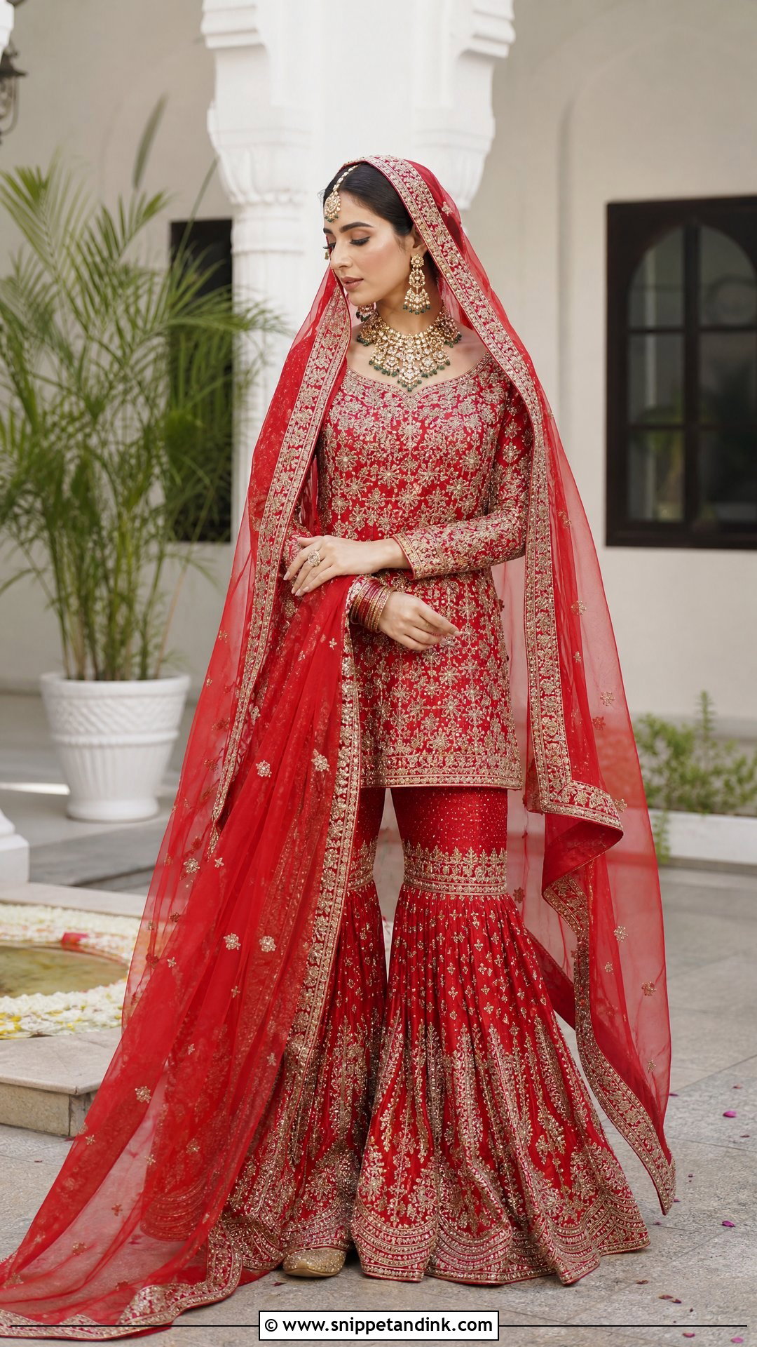 Red Bridal Gharara With Gold Jhumkas - Snippet and Ink - 20 Red Bridal Outfit Ideas