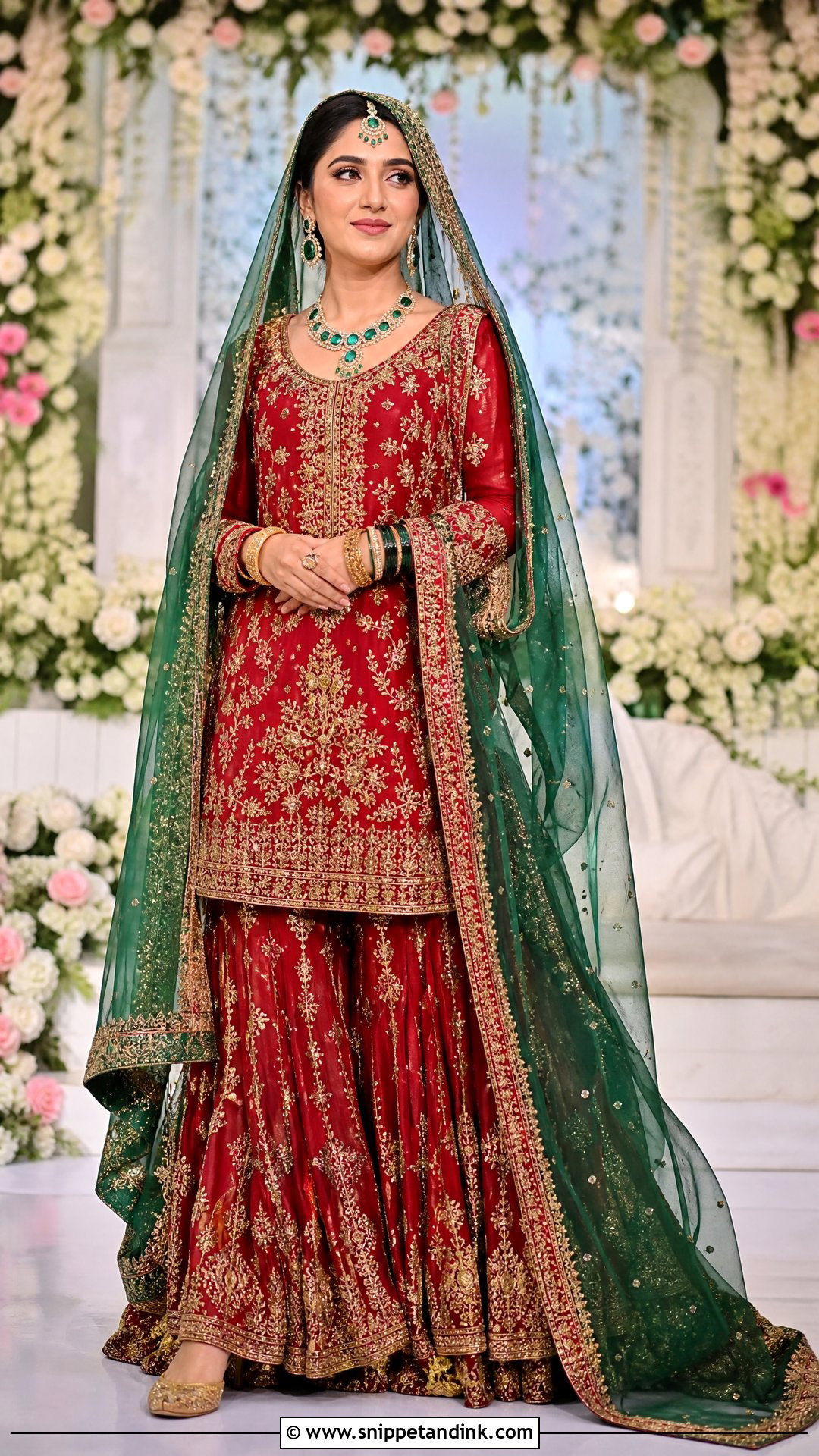 Red Bridal Gharara With Green Dupatta - Snippet and Ink - 20 Red Bridal Gharara Ideas