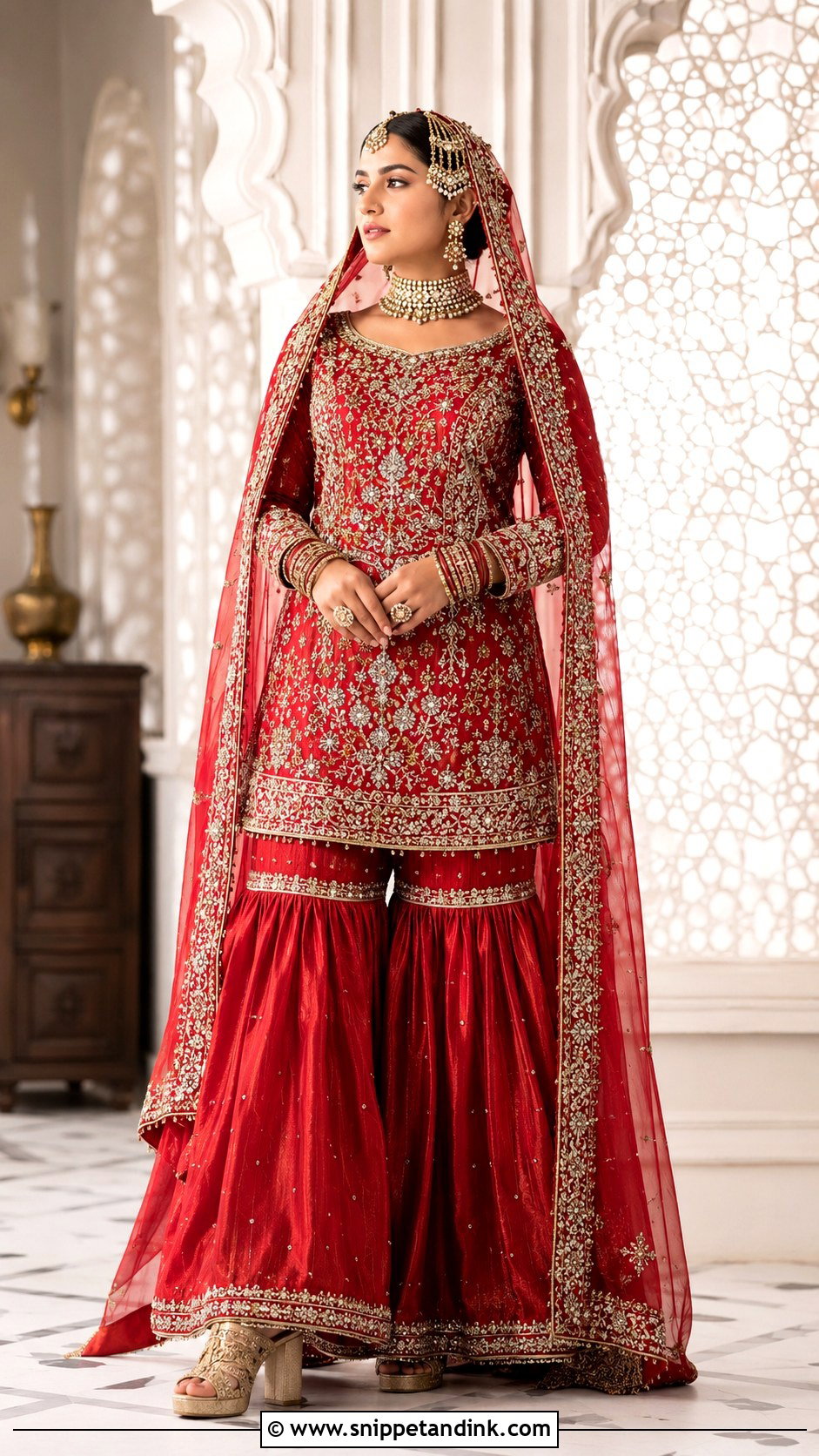 Red Bridal Gharara With Short Kameez - Snippet and Ink - 20 Red Baraat Dress Pakistani Bridal Wear Ideas