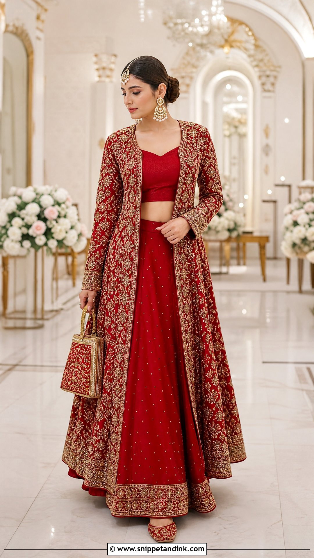 Red Bridal Jacket Lehenga With Statement Earrings - Snippet and Ink - 20 Red Bridal Outfit Ideas