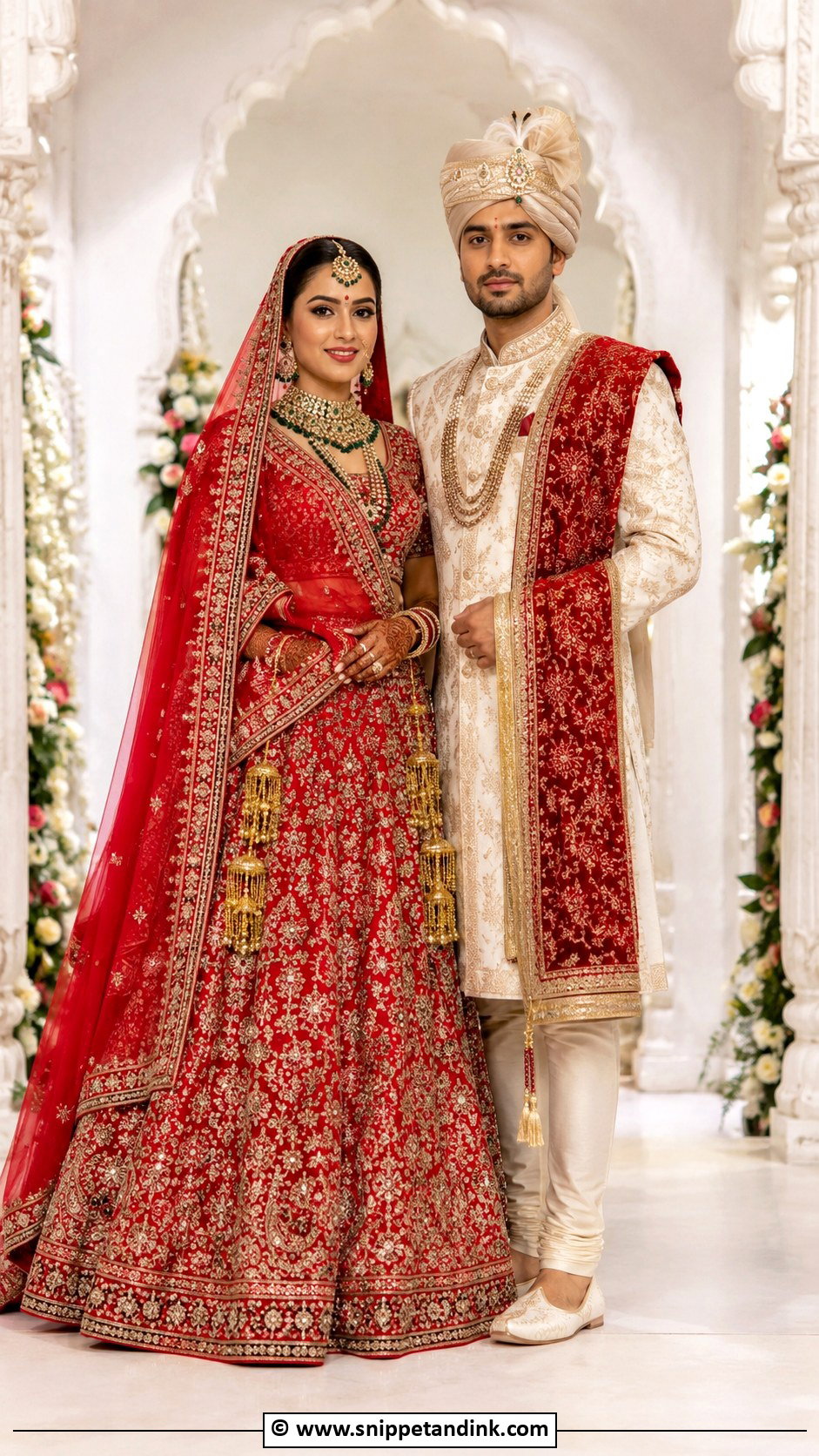 Red Bridal Lehenga And Cream Sherwani - Snippet and Ink - 30 Couple Wedding Dress Ideas