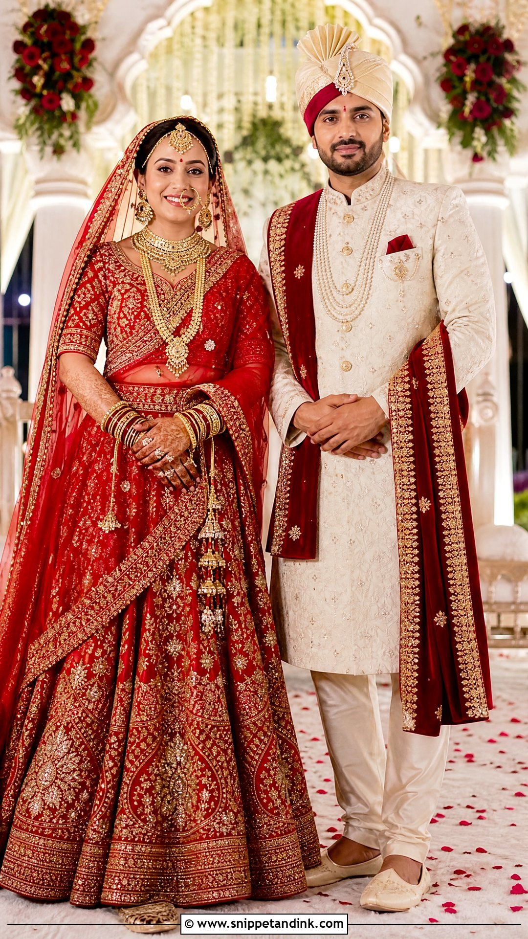 Red Bridal Lehenga And Ivory Groom Sherwani - Snippet and Ink - 25 Indian Wedding Couple Dress Ideas