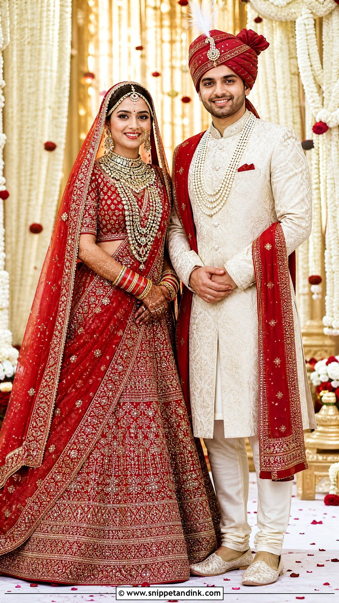 Red Bridal Lehenga And Ivory Sherwani Couple Outfit - Snippet and Ink - 20 Indian Bridal Couple Dress Ideas