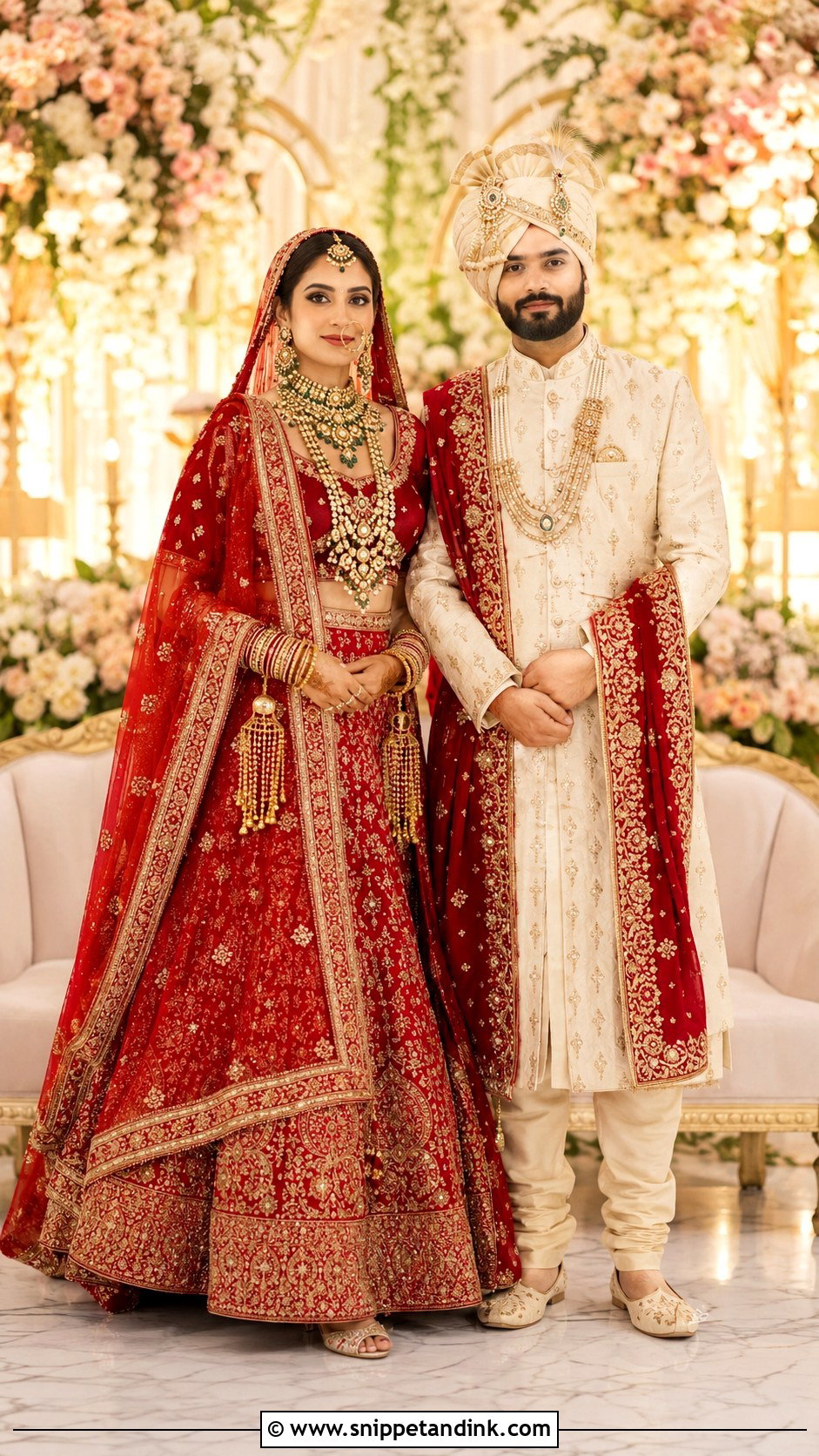 Red Bridal Lehenga And Ivory Sherwani Wedding Couple Outfit - Snippet and Ink - 25 Wedding Couple Outfits