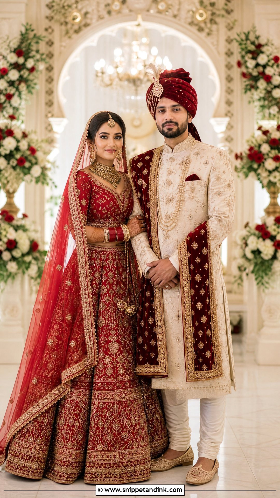 Red Bridal Lehenga And Ivory Sherwani Wedding Couple - Snippet and Ink - 20 Wedding Dresses for Couple