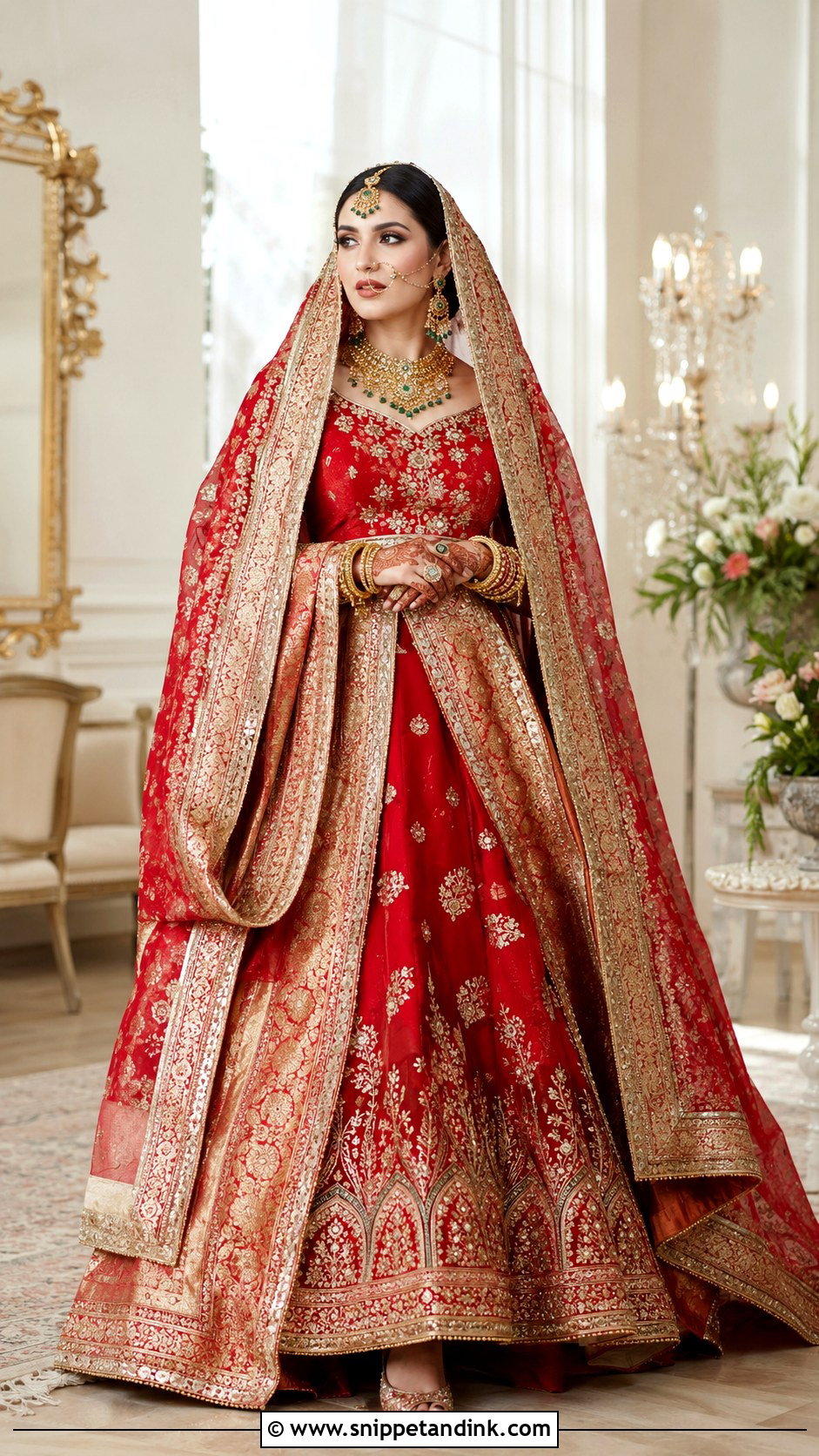 Red Bridal Lehenga With Banarsi Dupatta - Snippet and Ink - 25 Pakistani Red Bridal Dress Ideas