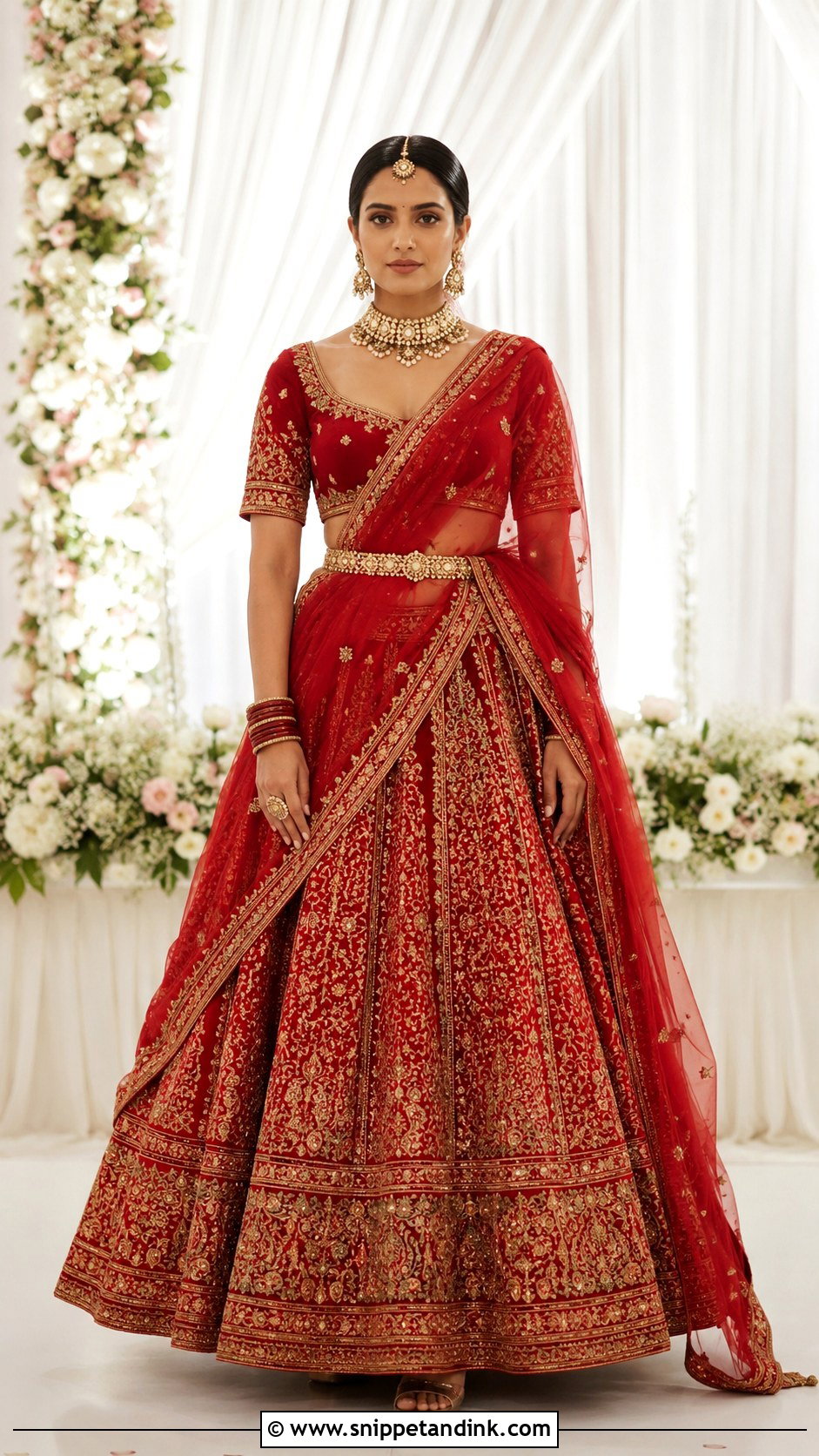 Red Bridal Lehenga With Belted Dupatta - Snippet and Ink - 20 Carry Bridal Style Ideas