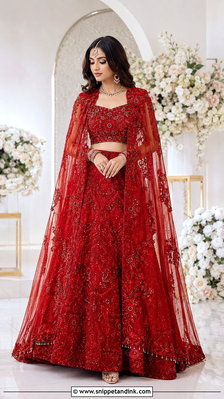 Red Bridal Lehenga With Cape Dupatta - Snippet and Ink - 25 Pakistani Red Bridal Dress Ideas