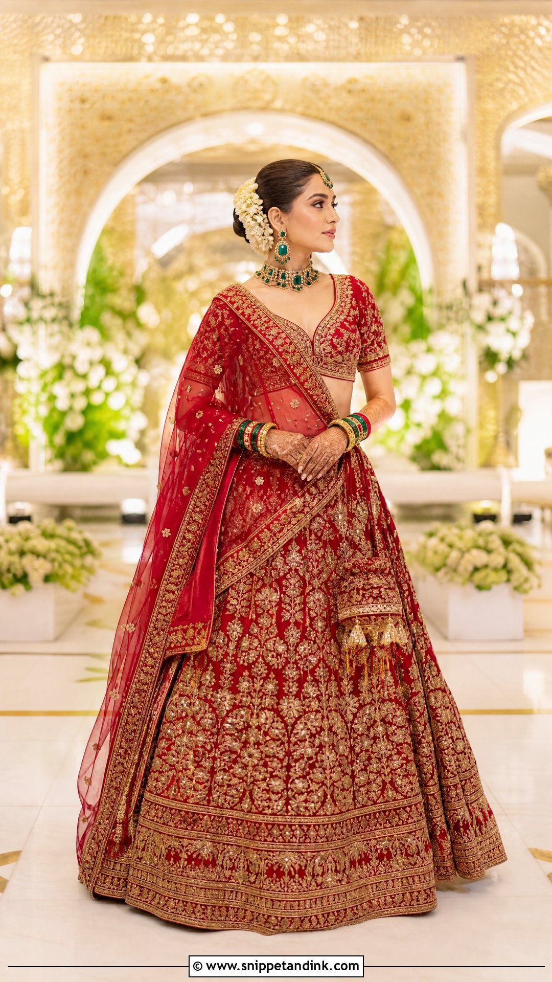 Red Bridal Lehenga With Emerald Green Jewelry - Snippet and Ink - 20 Red Bridal Outfit Ideas