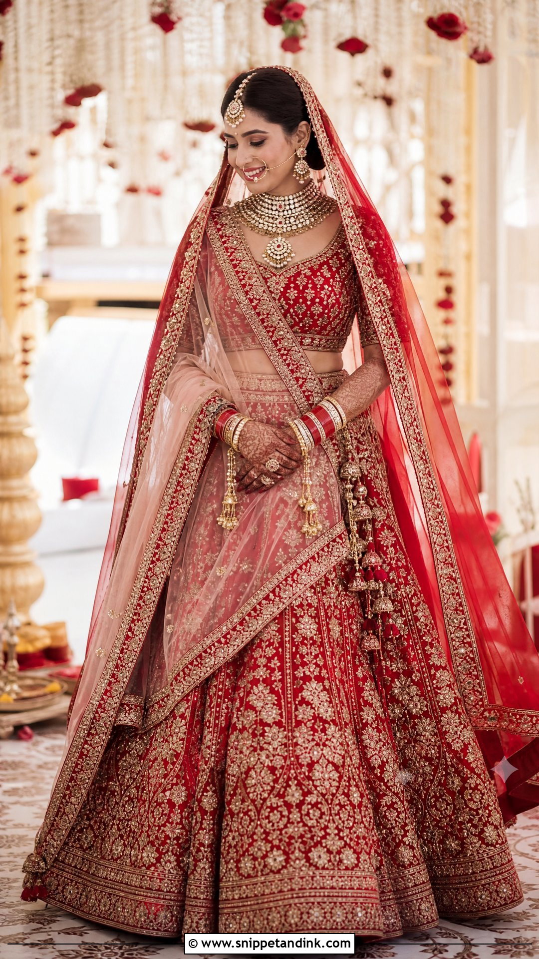 Red Bridal Lehenga With Gold Jewelry - Snippet and Ink - 25 Hindu Wedding Dress Ideas