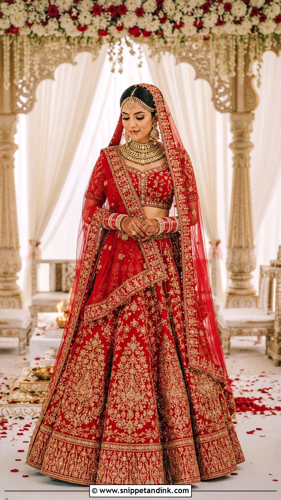 Red Bridal Lehenga With Gold Jewelry - Snippet and Ink - 25 Indian Weddings Bridal Lehnga Dress Ideas