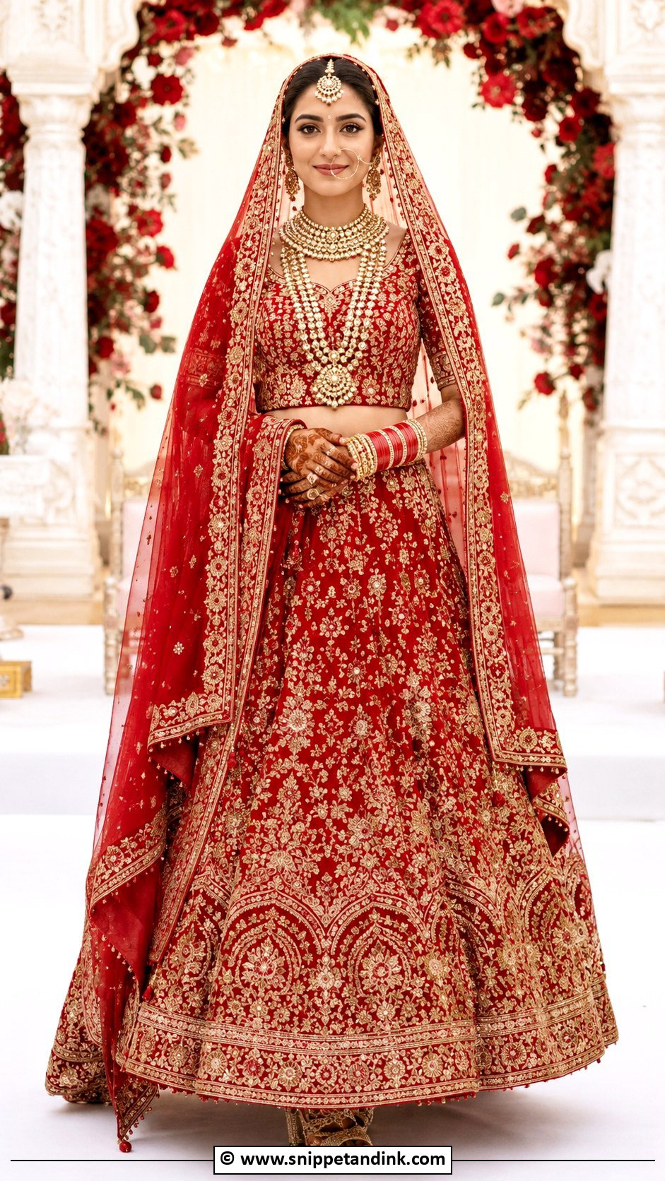 Red Bridal Lehenga With Gold Jewelry - Snippet and Ink - 30 Red Indian Bridal Wear Ideas