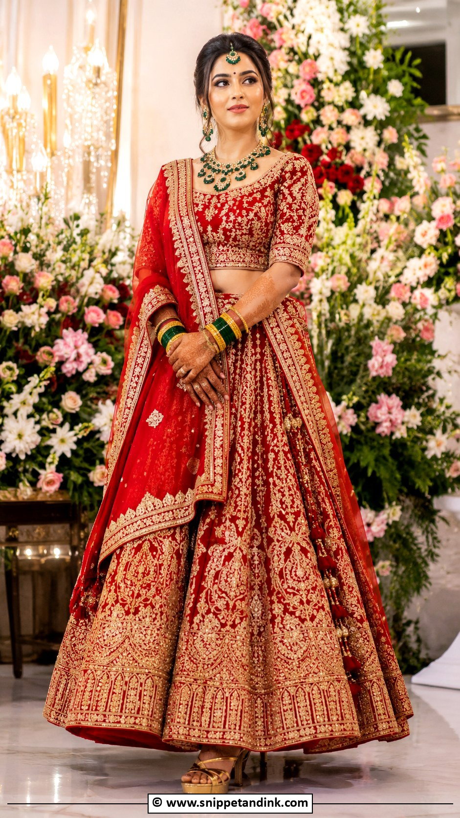 Red Bridal Lehenga With Green Jewelry - Snippet and Ink - 30 Red Indian Bridal Wear Ideas