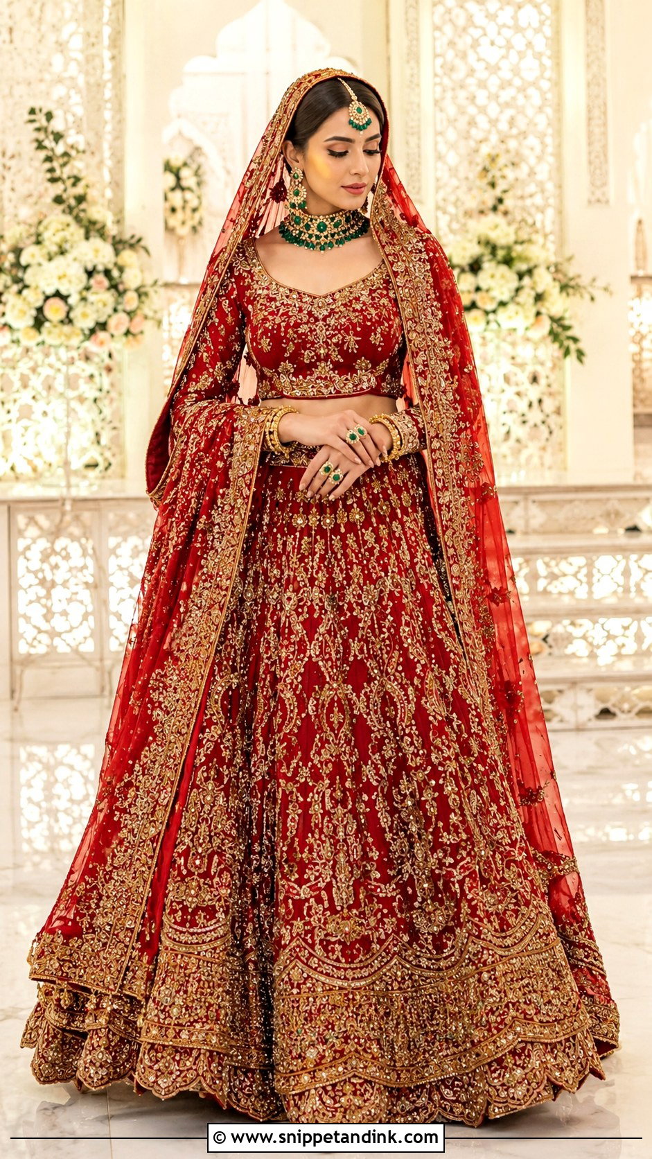 Red Bridal Lehenga With Green Jewelry - Snippet and Ink - 25 Pakistani Red Bridal Dress Ideas