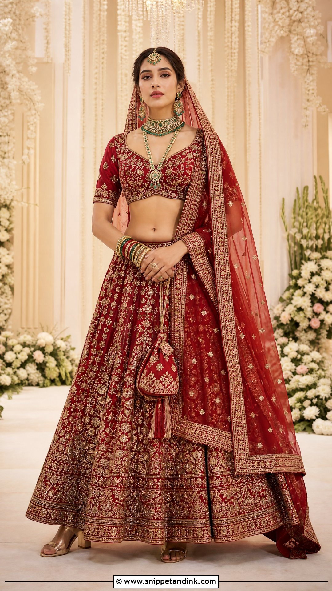 Red Bridal Lehenga With Green Jewelry - Snippet and Ink - 20 Red Indian Bridal Dress Ideas