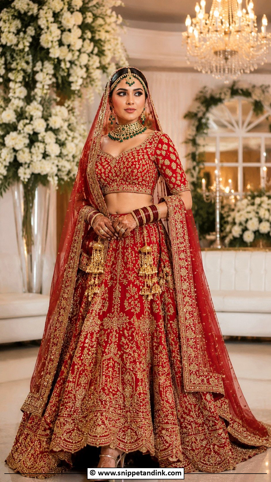 Red Bridal Lehenga With Green Jewelry - Snippet and Ink - 30 Barat Bride Ideas
