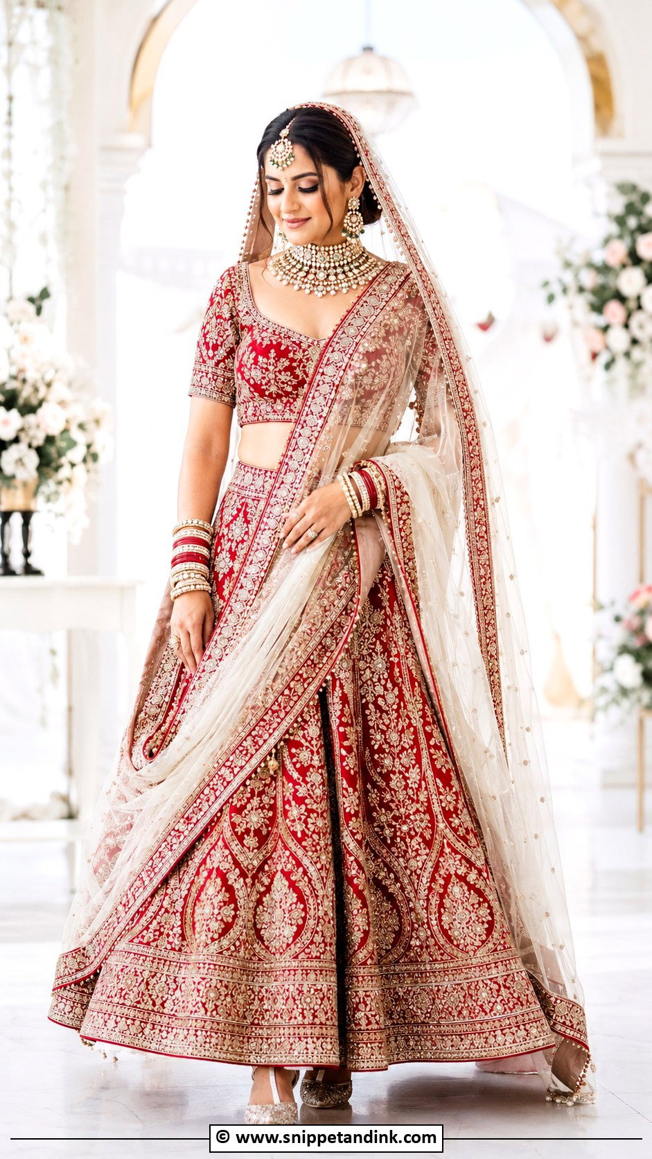 Red Bridal Lehenga With Ivory Dupatta - Snippet and Ink - 30 Red Indian Bridal Wear Ideas