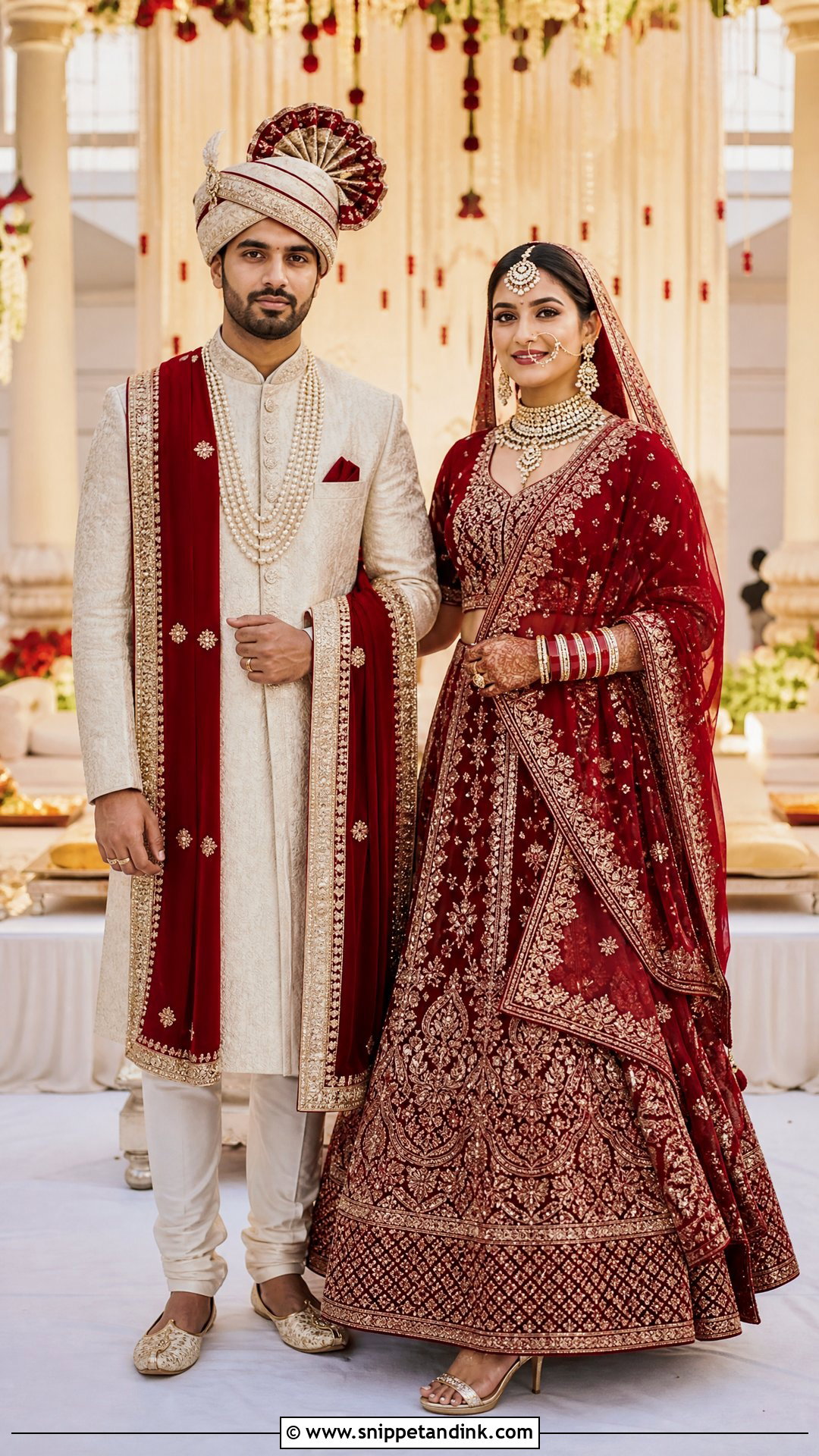 Red Bridal Lehenga With Ivory Sherwani - Snippet and Ink - 25 Indian Hindu Couple Wedding Dress Ideas