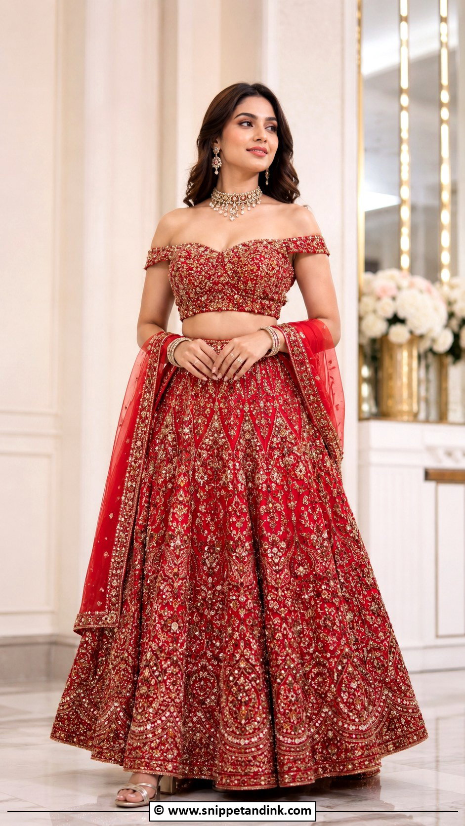 Red Bridal Lehenga With Off Shoulder Blouse - Snippet and Ink - 30 Red Indian Bridal Wear Ideas