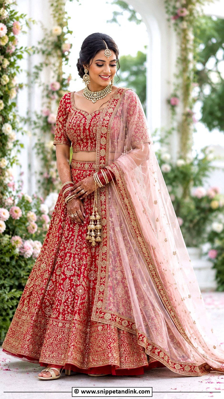 Red Bridal Lehenga With Pastel Dupatta - Snippet and Ink - 30 Red Indian Bridal Wear Ideas