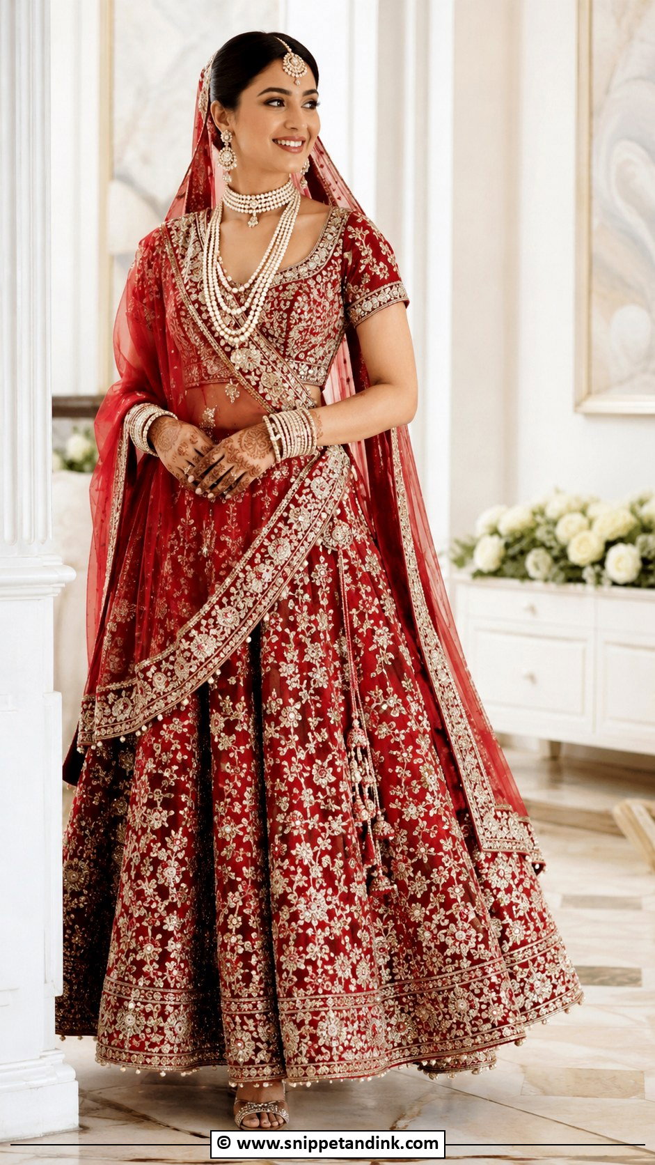 Red Bridal Lehenga With Pearl Jewelry - Snippet and Ink - 30 Red Indian Bridal Wear Ideas