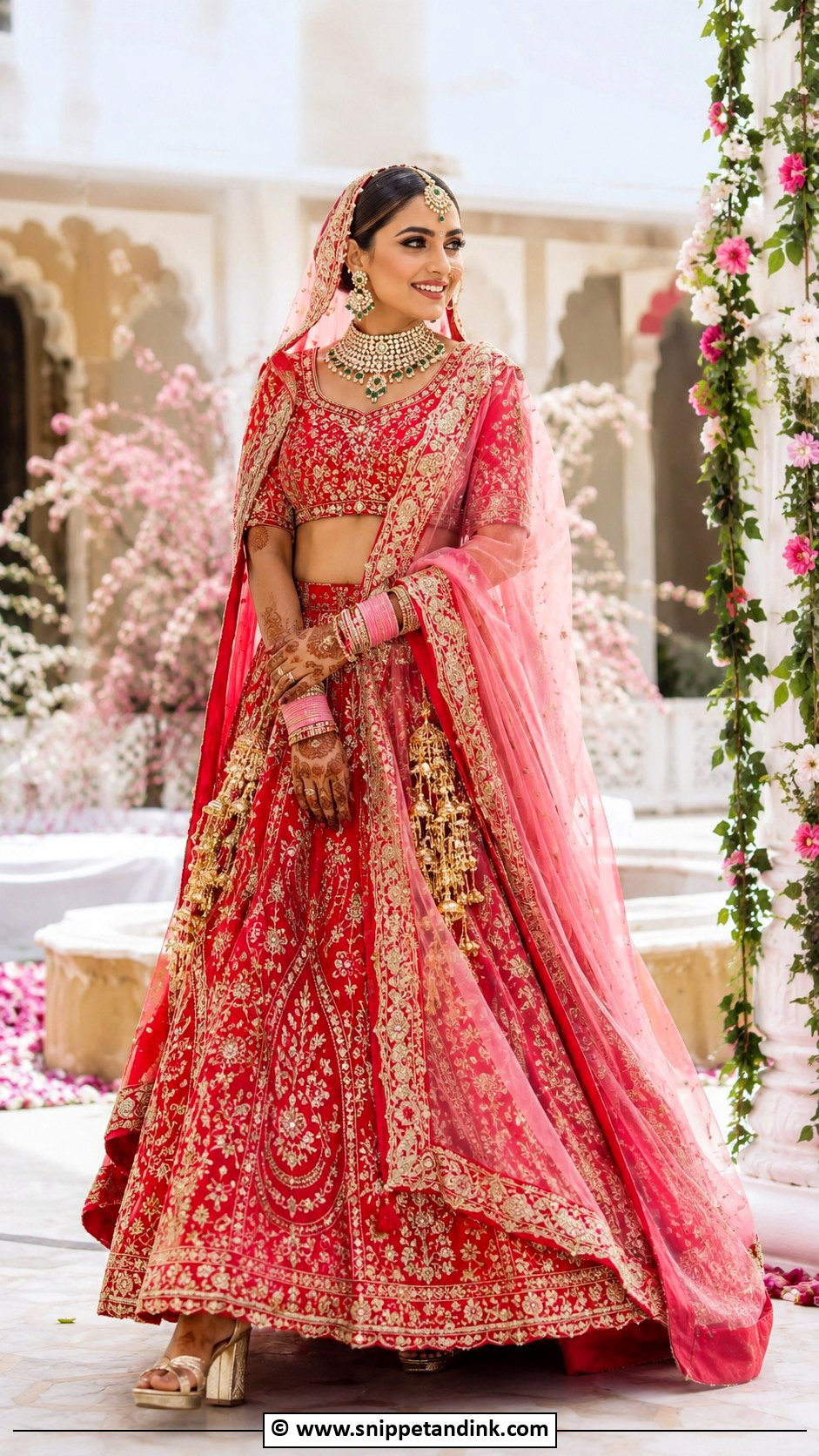 Red Bridal Lehenga With Rani Pink Dupatta - Snippet and Ink - 30 Red Indian Bridal Wear Ideas