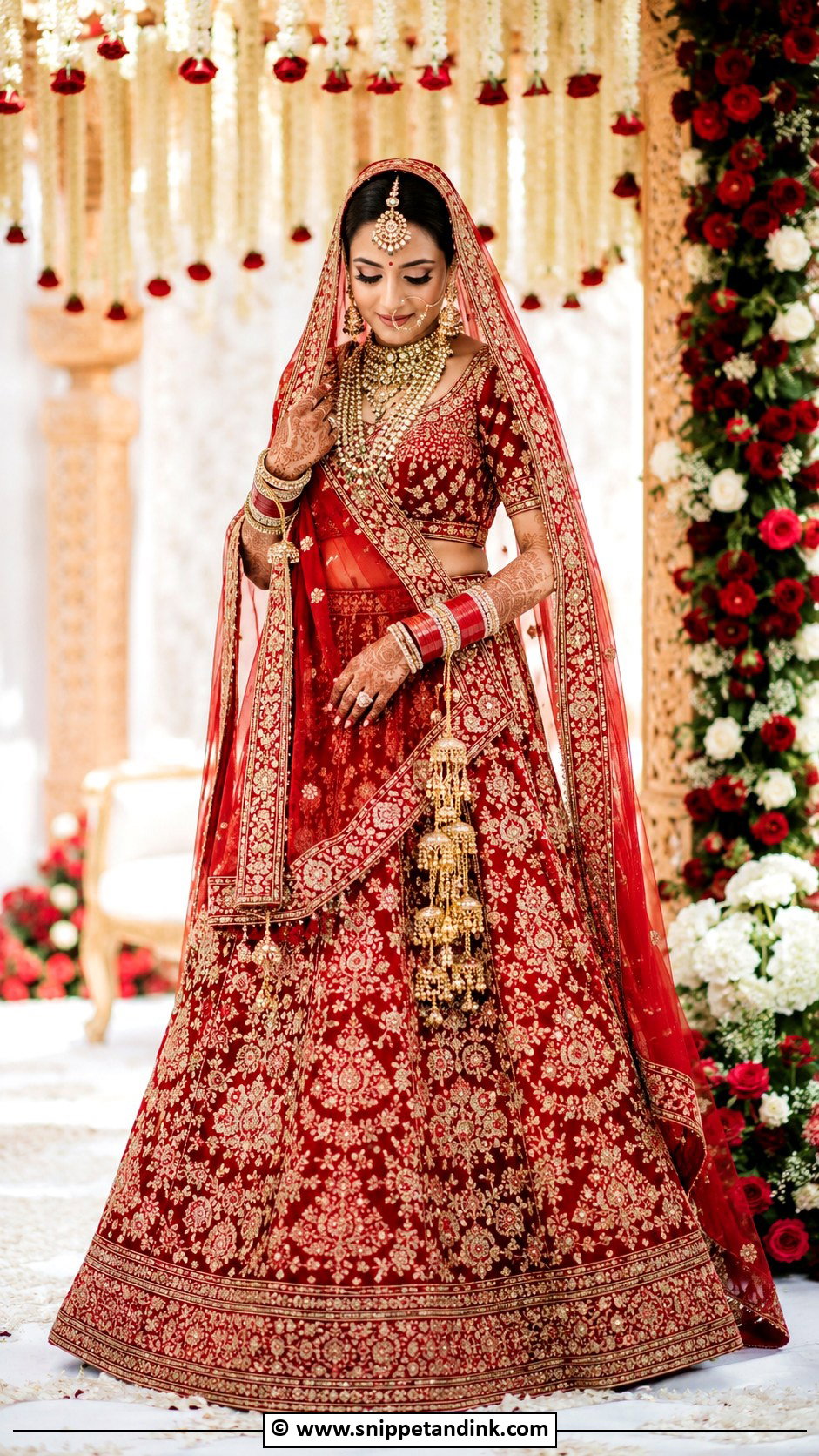 Red Bridal Lehenga With Traditional Dupatta Draping - Snippet and Ink - 30 Red Indian Bridal Wear Ideas
