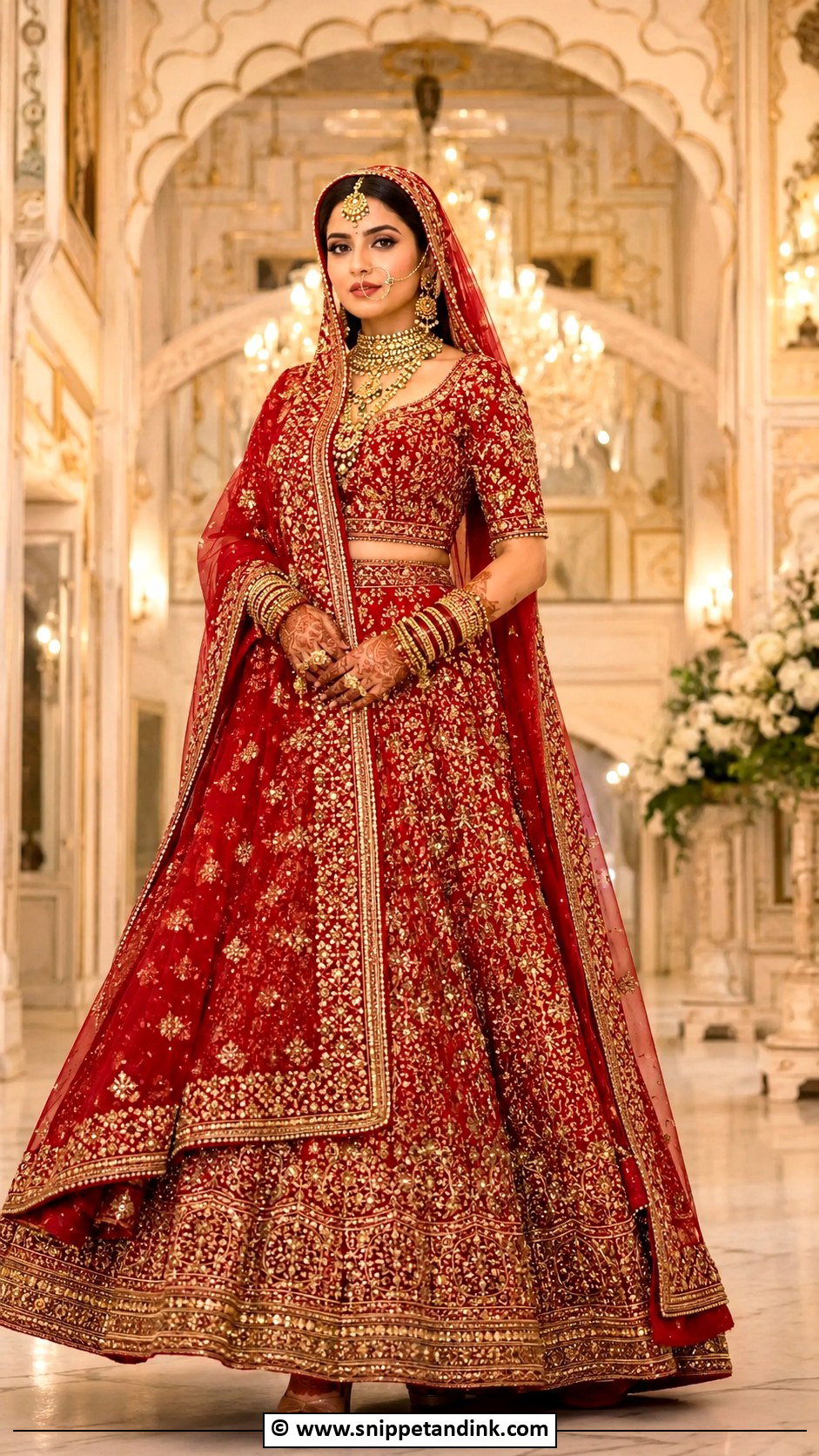 Red Bridal Lengha With Gold Jewelry - Snippet and Ink - 30 Bridal Lengha Ideas