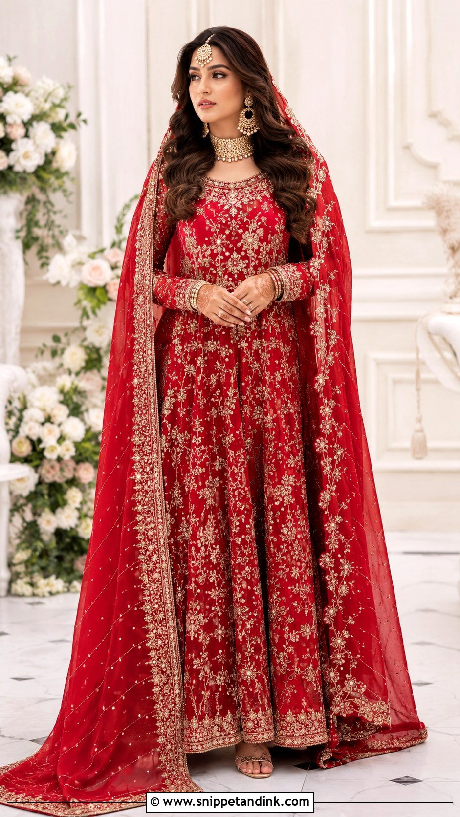 Red Bridal Maxi With Heavy Dupatta - Snippet and Ink - 25 Pakistani Red Bridal Dress Ideas
