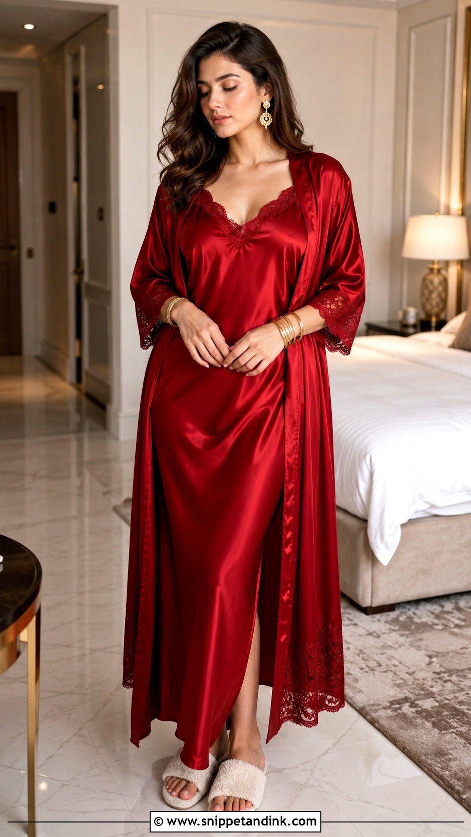 Red Bridal Night Gown With Gold Accessories - Snippet and Ink - 30 First Night Dress for Bride Ideas