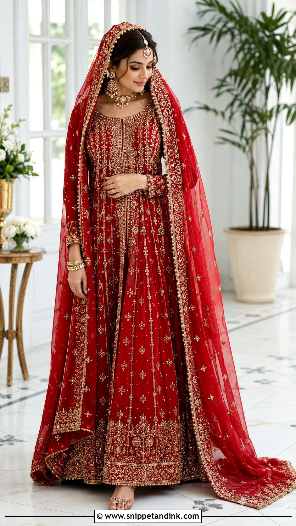 Red Bridal Pishwas With Chiffon Dupatta - Snippet and Ink - 25 Pakistani Red Bridal Dress Ideas