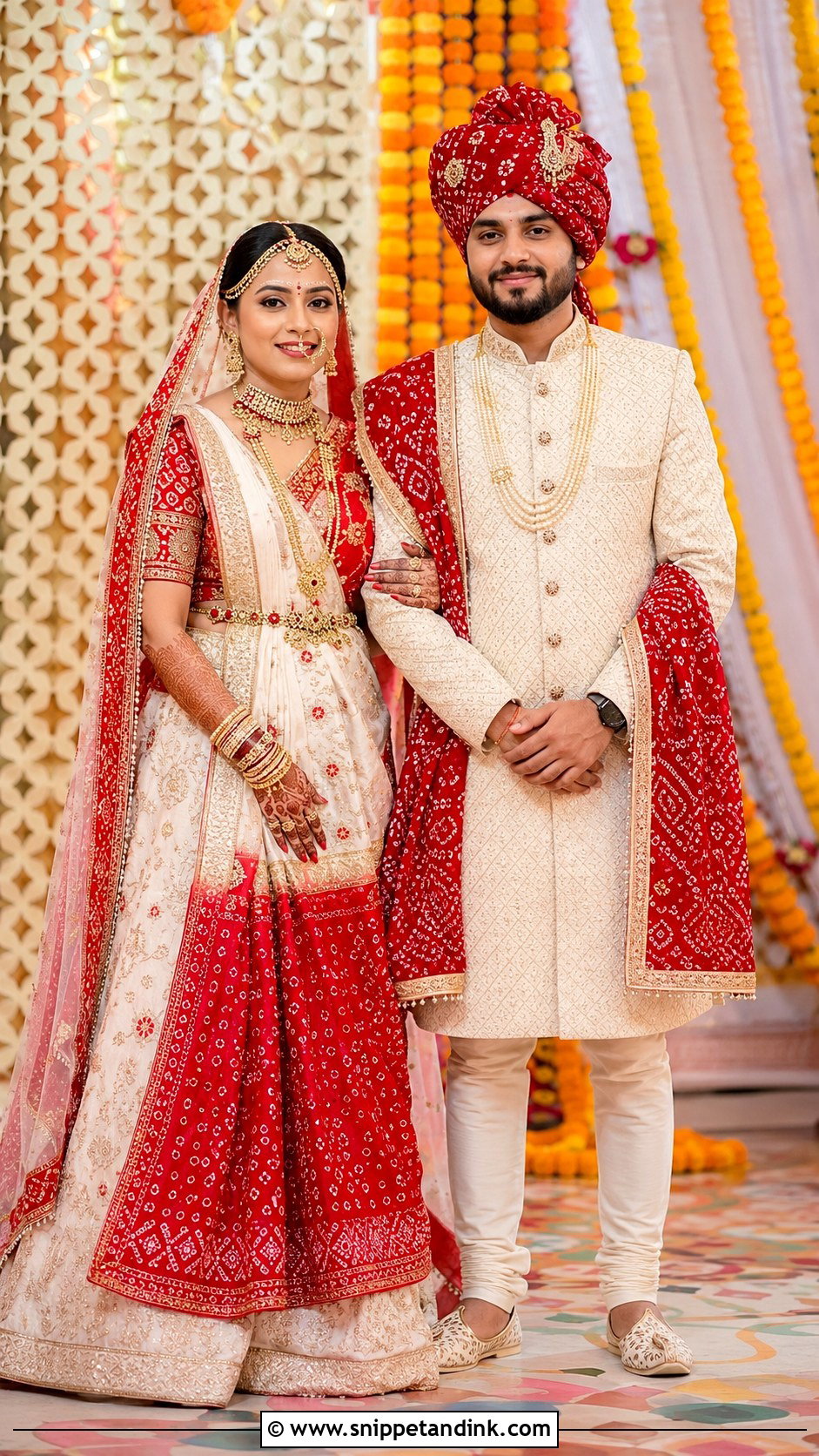 Red Bridal Saree And Navy Blue Sherwani Outfit - Snippet and Ink - 20 Indian Couple Wedding Outfit Ideas