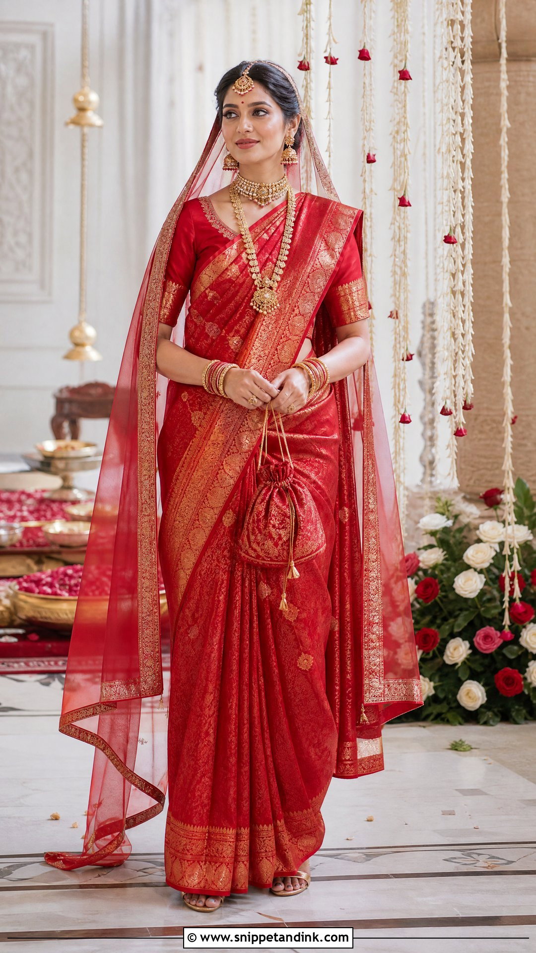 Red Bridal Saree With A Sheer Veil - Snippet and Ink - 20 Red Bridal Outfit Ideas