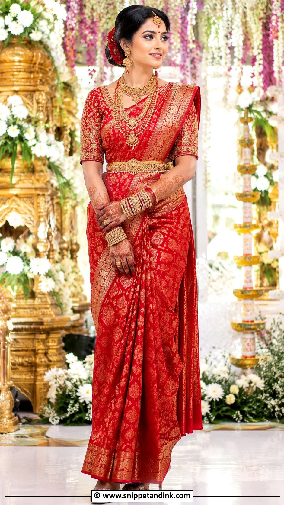 Red Bridal Saree With Belt - Snippet and Ink - 30 Red Indian Bridal Wear Ideas