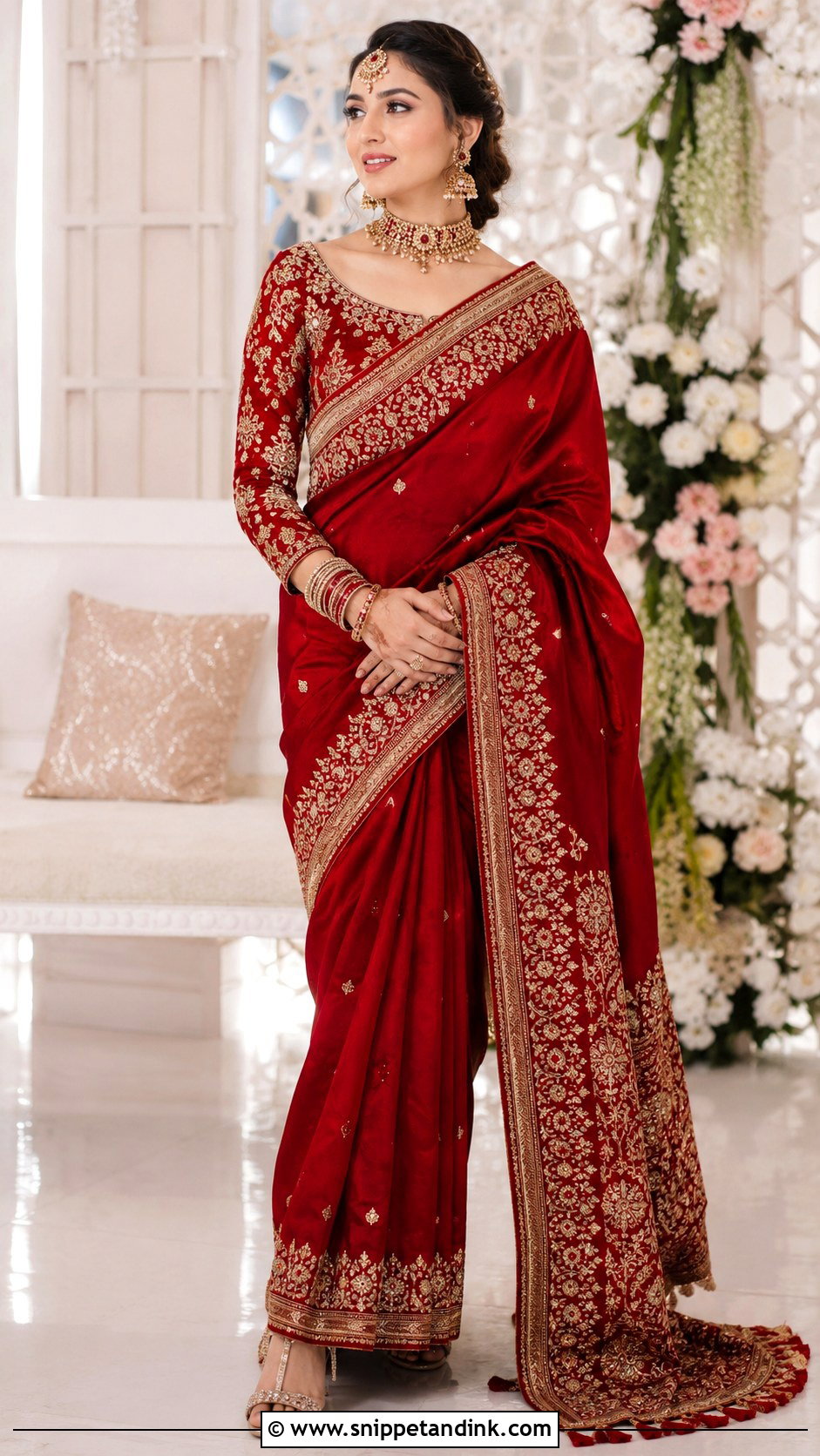 Red Bridal Saree With Embroidered Blouse - Snippet and Ink - 25 Pakistani Red Bridal Dress Ideas