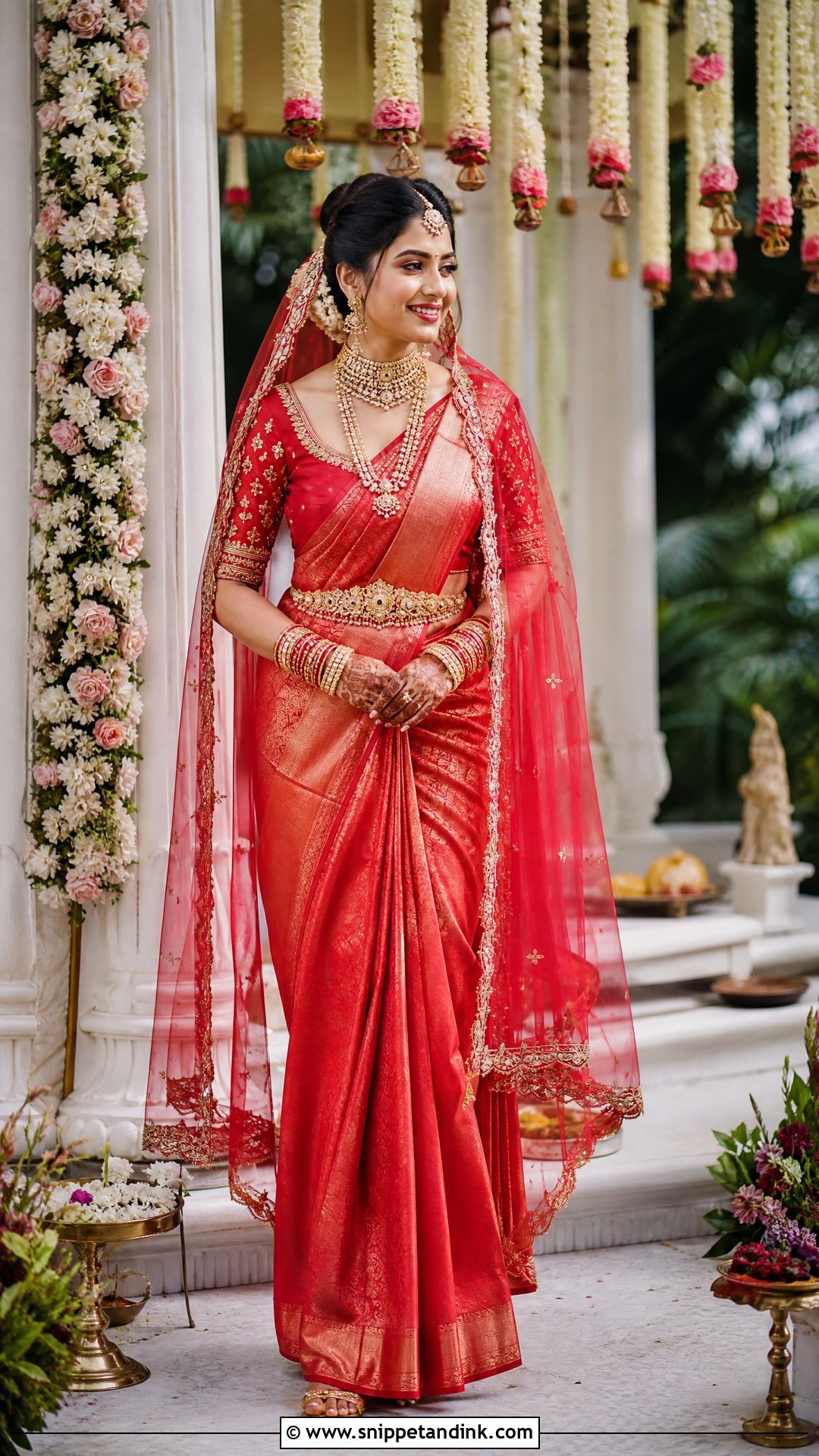 Red Bridal Saree With Embroidered Veil - Snippet and Ink - 25 Hindu Wedding Dress Ideas