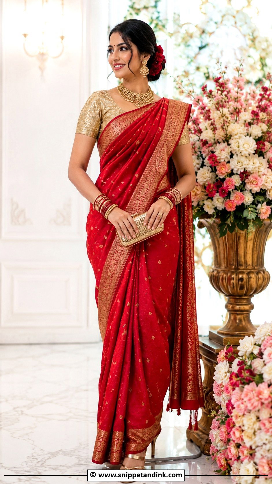 Red Bridal Saree With Gold Blouse - Snippet and Ink - 30 Red Indian Bridal Wear Ideas