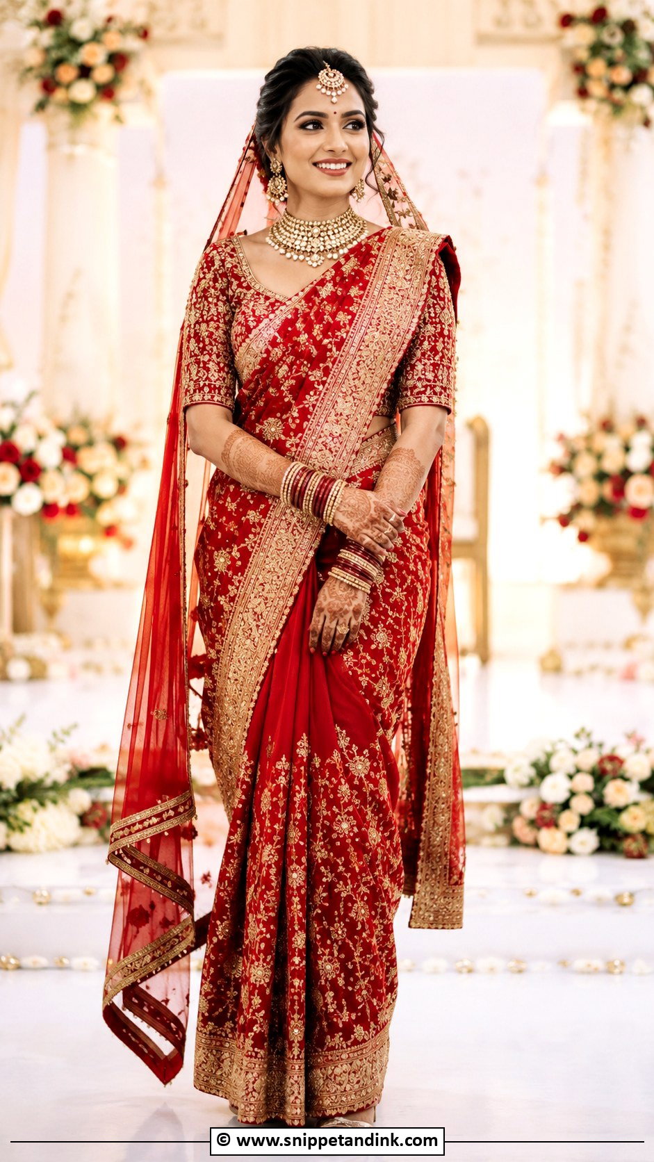 Red Bridal Saree With Heavy Border - Snippet and Ink - 30 Red Indian Bridal Wear Ideas
