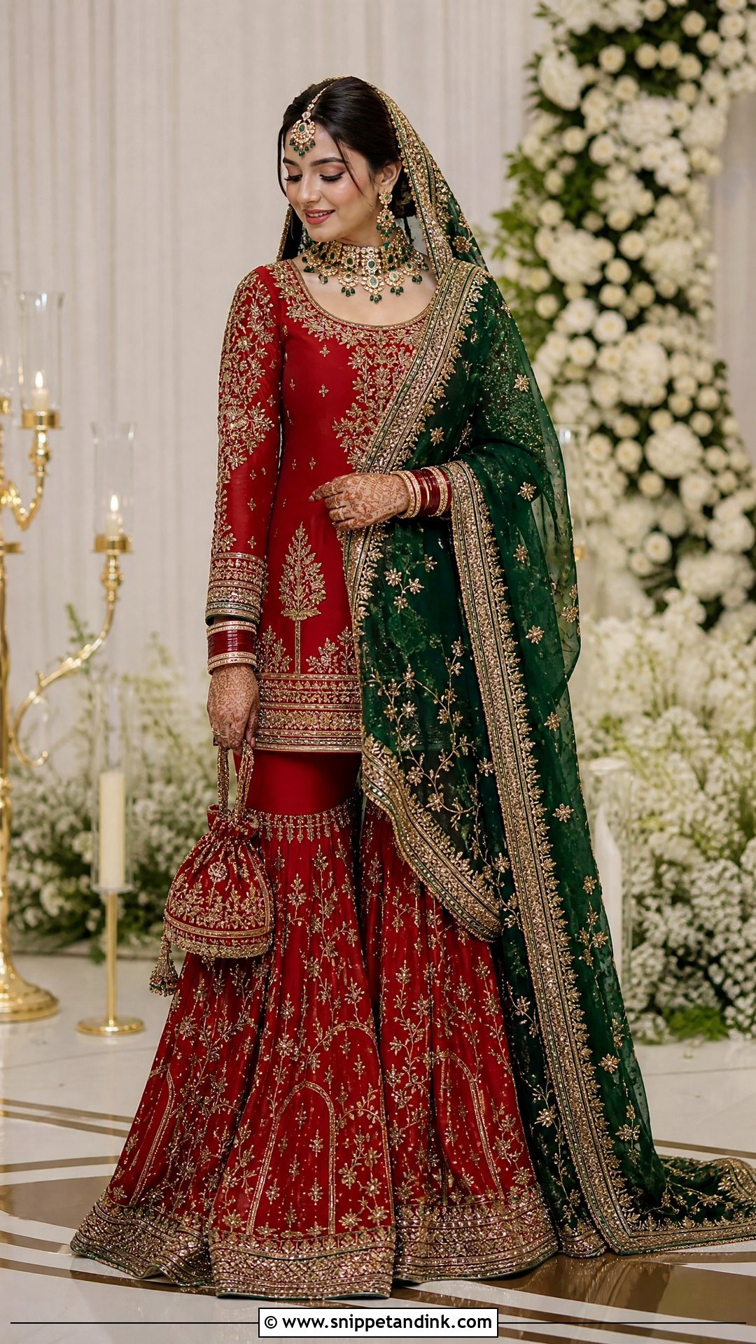 Red Bridal Sharara With Green Dupatta - Snippet and Ink - 20 Red Bridal Sharara Ideas