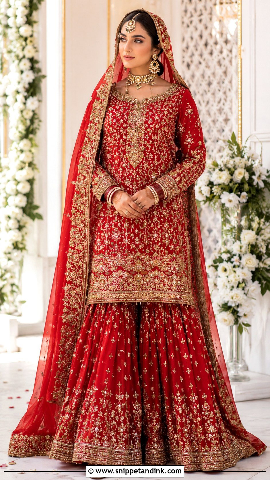 Red Bridal Sharara With Long Kameez - Snippet and Ink - 25 Pakistani Red Bridal Dress Ideas