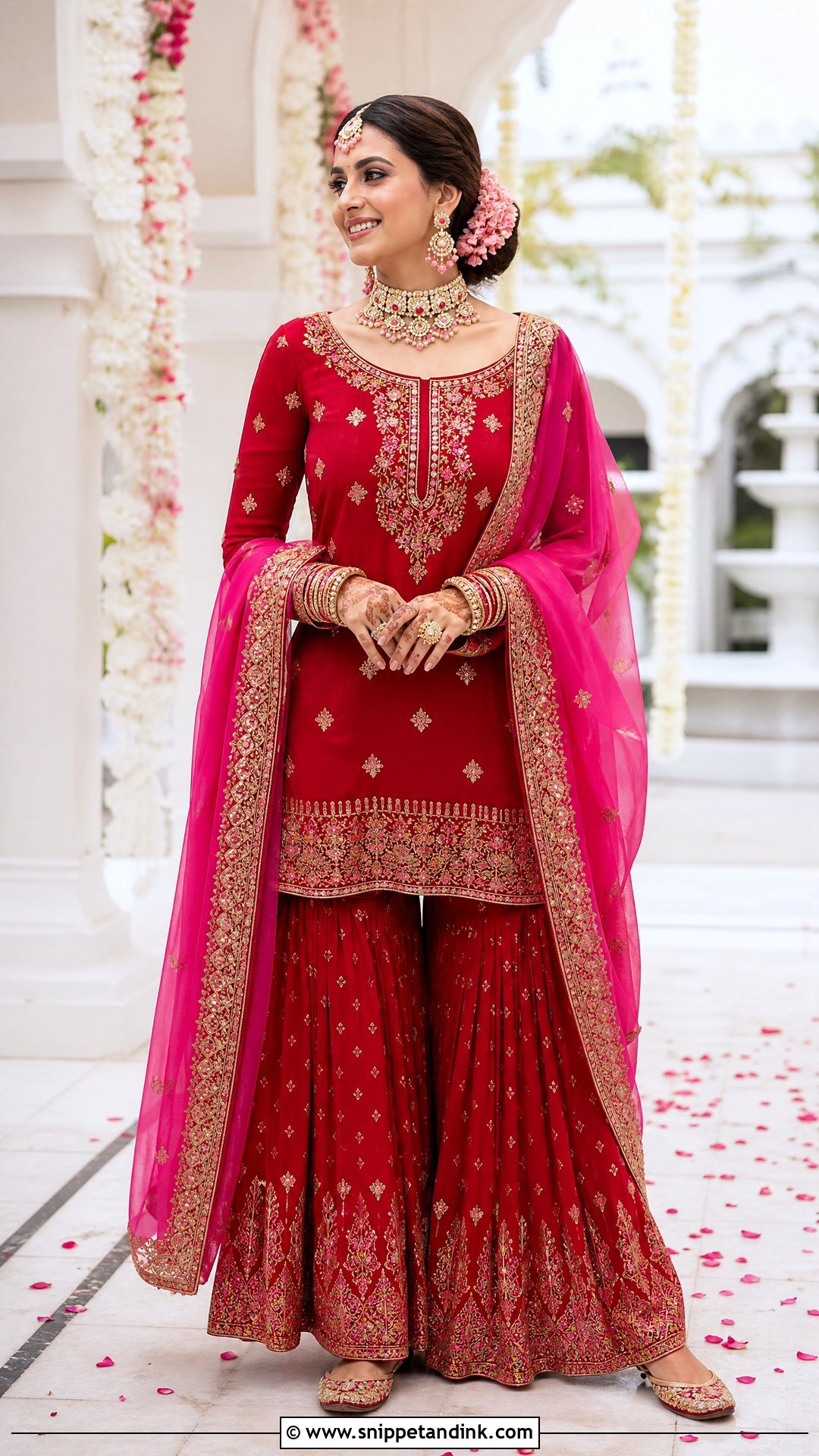 Red Bridal Sharara With Pink Dupatta - Snippet and Ink - 20 Red Bridal Sharara Ideas