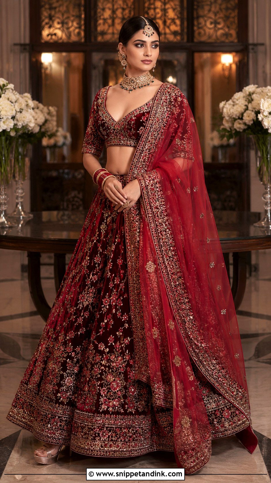 Red Bridal Velvet Lehenga With Net Dupatta - Snippet and Ink - 25 Pakistani Red Bridal Dress Ideas