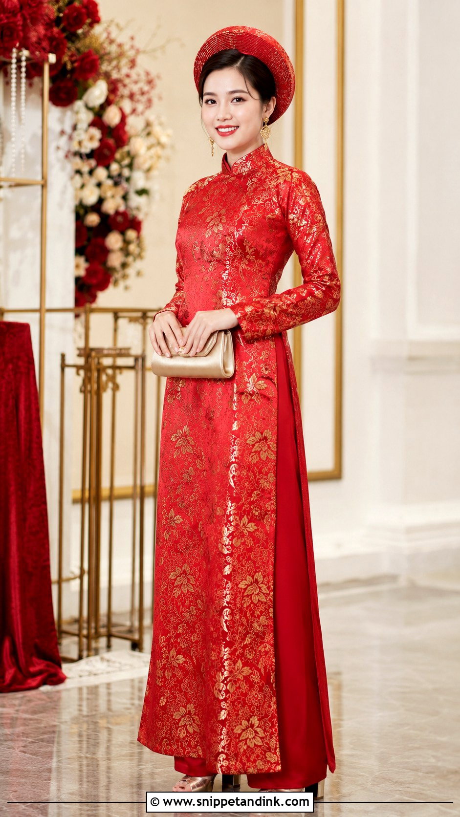 Red Brocade Ao Dai With Gold Embroidery - Snippet and Ink - 20 Ao Dai Wedding Dress Ideas