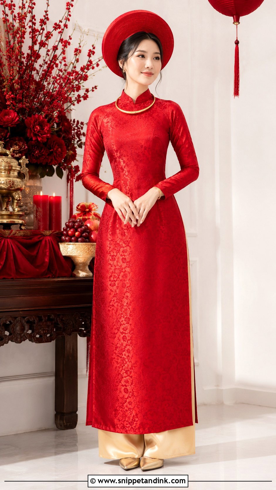Red Brocade Ao Dai With Khan Dong - Snippet and Ink - 20 Vietnamese Wedding Ao Dai Ideas